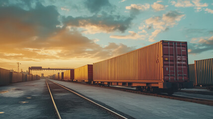 Fototapeta premium Global business of Container Cargo freight train for Business logistics concept, Air cargo trucking, Rail transportation and maritime shipping, Online goods orders worldwide. Container truck in ship