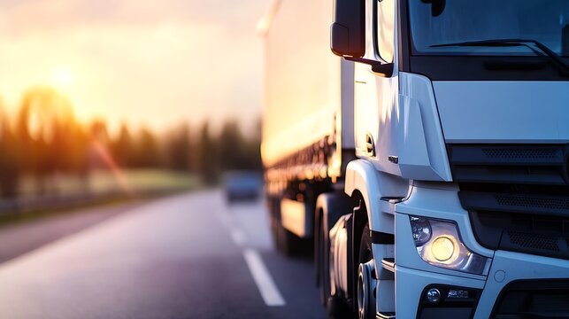 Dynamic closeup photo of a powerful freight truck driving on an open road during a vibrant sunset : Generative AI