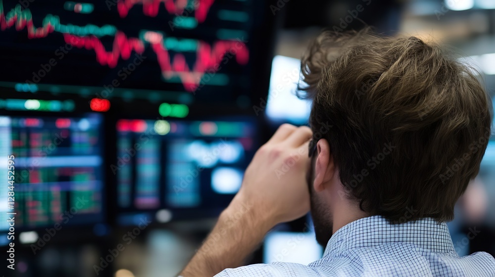 Aufkleber Focused young man analyzing stock market trends with multiple screens displaying financial data and graphs : Generative AI