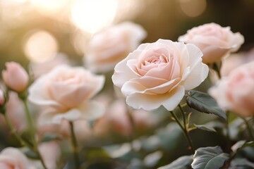 A tranquil garden showcases pastel roses in full bloom, bathed in warm golden sunlight. Lush greenery surrounds the flowers, creating a dreamy, inviting atmosphere perfect for relaxation
