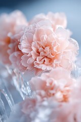 A stunning display of pink peonies and hydrangeas frozen in ice creates a surreal winter aesthetic. Soft, glowing light enhances the floral arrangement's delicate details, capturing luxury