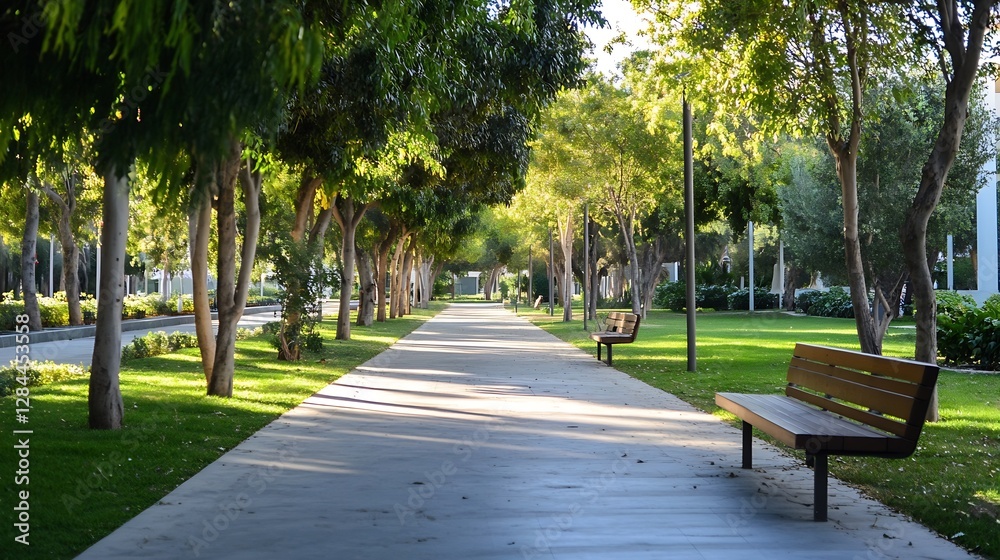 Aufkleber peaceful park pathway lined with trees and benches creating a serene outdoor atmosphere for relaxati