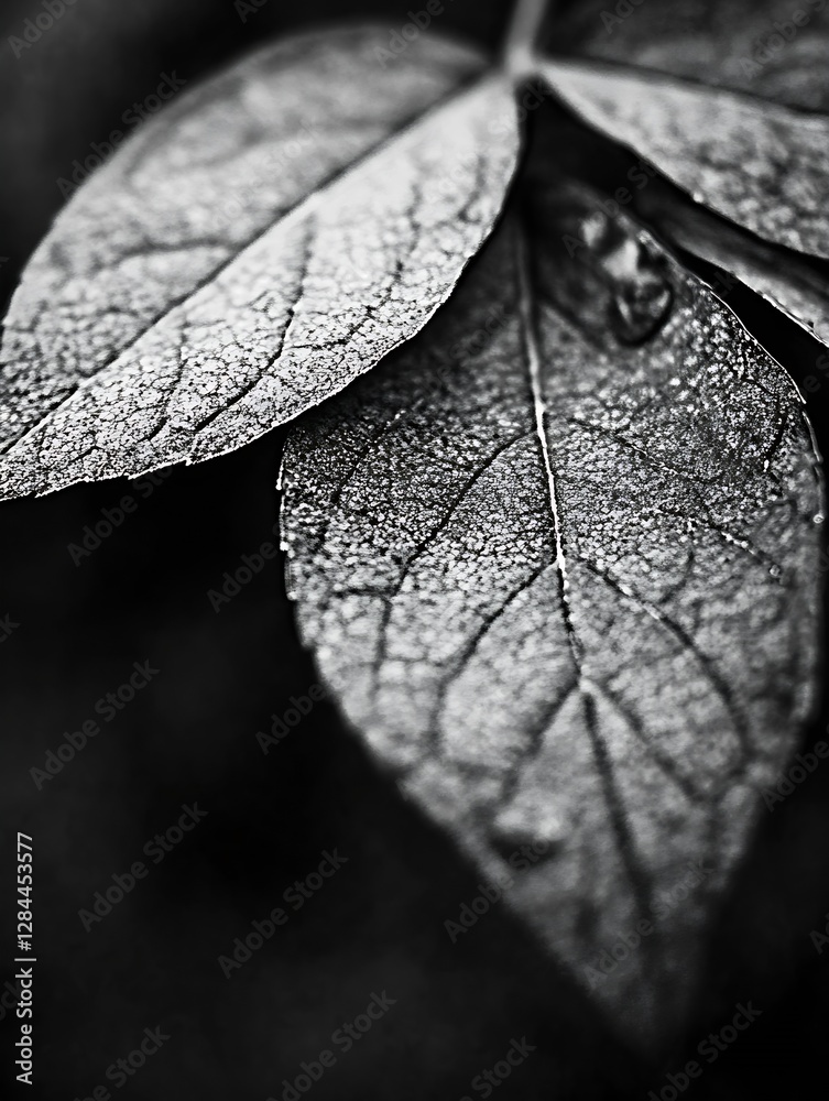Poster close up of dark and textured leaves highlighting intricate details in black and white : generative 