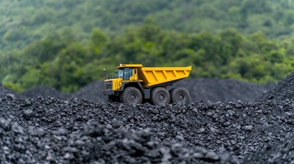 Obraz premium Yellow mining truck hauling coal, hillside background