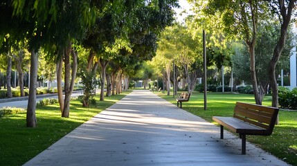 Fototapeta premium Peaceful park pathway lined with trees and benches creating a serene outdoor atmosphere for relaxation : Generative AI
