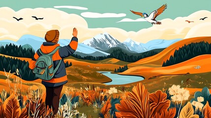 Obraz premium Autumn Hike: Digital Illustration of a Person Greeting a Bird Over a Mountain Lake AI Generated
