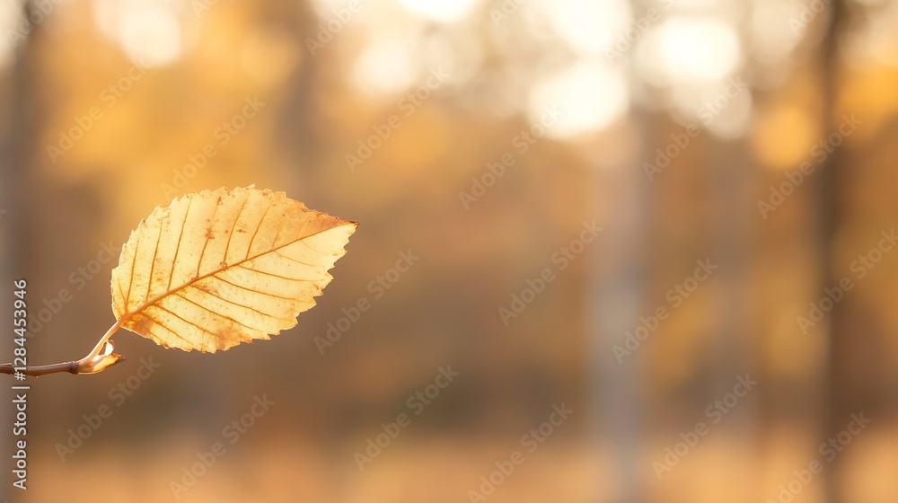 Poster single autumn leaf illuminated by soft warm sunlight against a blurred forest background : generativ