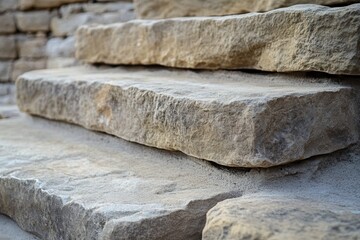 A close-up of the stone steps leading to the seating in an ancient amphitheatre, A stone staircase under construction at a busy construction site, showcasing workers.