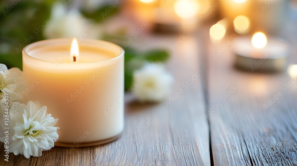 Aufkleber Aromatic candle lit on a rustic wooden table surrounded by soft flowers creating a warm and inviting ambiance : Generative AI