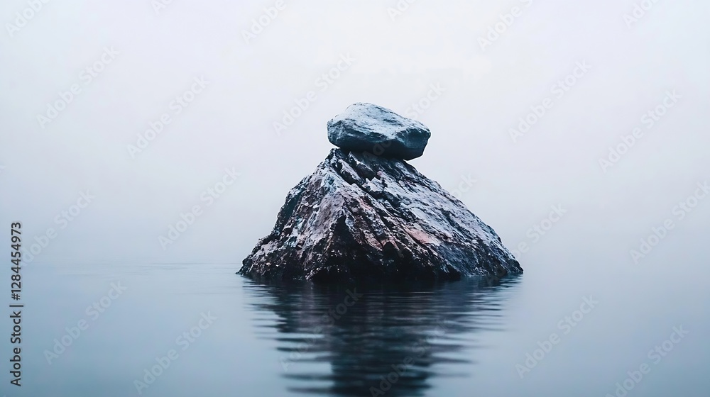 Poster serene stone formation standing tall atop water in a misty foggy environment : generative ai