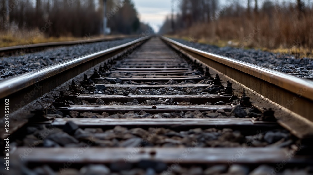 Poster Close up view of railway tracks leading through a tranquil and scenic environment : Generative AI
