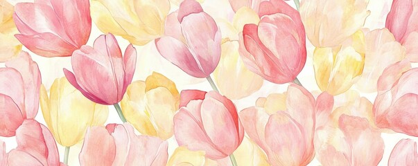 Pastel watercolor tulips pattern with pink and yellow blossoms