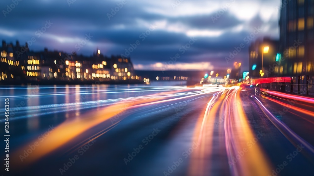 Poster Long exposure image of city lights creating vibrant colorful patterns on a busy street : Generative AI