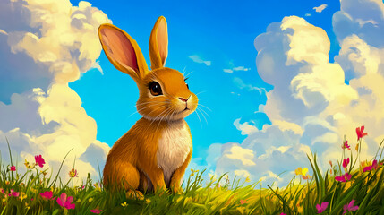 Fototapeta premium Illustration of a cute Rabbit standing on a meadow with clouds in the background.