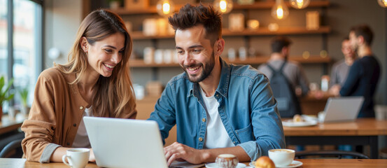 Happy Couple Enjoying Coffee and Croissants While Using Laptop in Cafe
