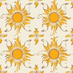Sunshine-inspired floral pattern in warm yellow tones displaying cheerful sun motifs on a light background