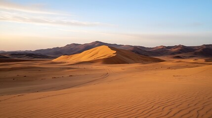 Naklejka premium Stunning desert landscape showcasing majestic sand dunes under a clear blue sky at sunset : Generative AI