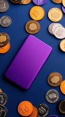 Purple Mobile Phone Surrounded by Various Coins on a Dark Blue Background