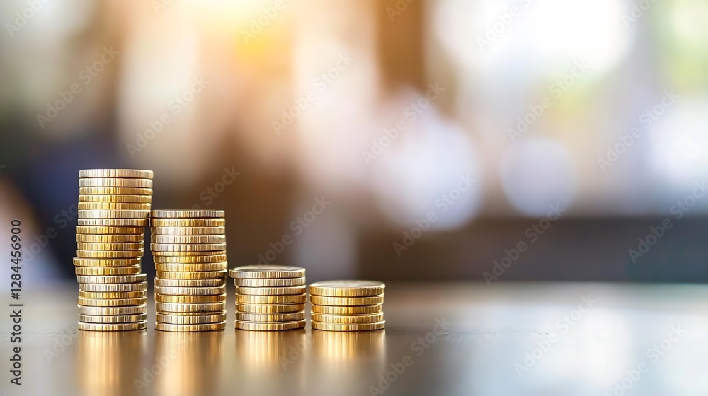 Aufkleber piles of shiny gold coins stacked high on a wooden surface with blurred background : generative ai