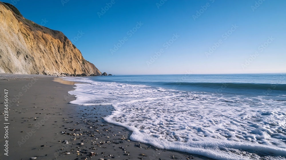 Poster breathtaking beach scene with calm waves gently lapping at the shore under a clear blue sky : genera