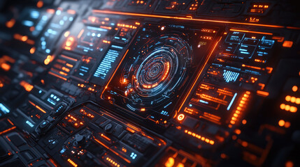 Futuristic cockpit interface glows with dynamic data displays