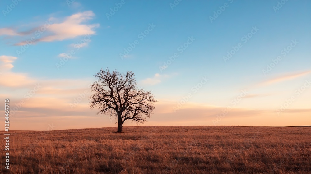 Aufkleber Solitary tree stands majestically against a tranquil sky on a serene open field : Generative AI