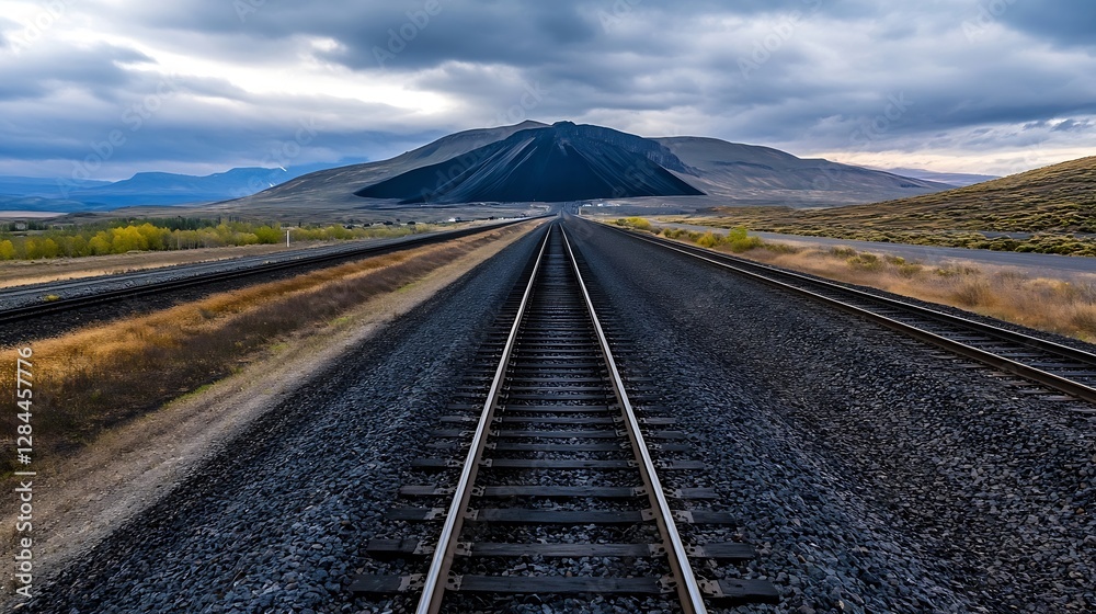 Poster scenic railway stretching into the distance surrounded by mountains under an overcast sky : generati