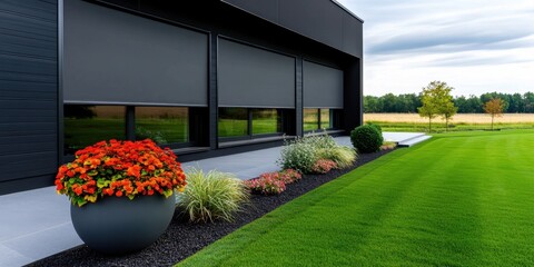 Dark charcoal siding with large windows dressed in simple light gray roller shades, creating a soft minimalist exterior with functionality.