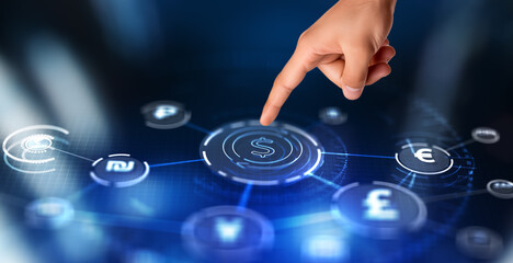 Concept of international currency market. World currencies icons