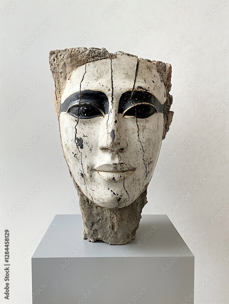 Poster ancient stone sculpture depicting a human face with intricate details and weathered texture : genera