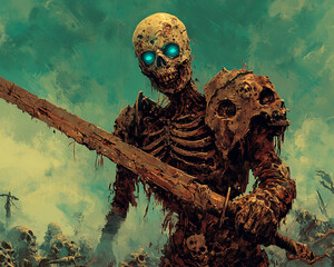 Obraz premium A dark fantasy illustration of an ancient zombie warrior wielding a sword, with glowing blue eyes, standing in a battlefield surrounded by skeletons, representing death and destruction.