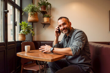 Man Sitting at Table Engaged in Cell Phone Conversation