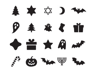 Set of Christmas minimalist geometric elements. Xmas abstract icons in minimalist style. Christmas tree, snowman, gifts, deer and holiday decoration. Modern vector flat illustration.