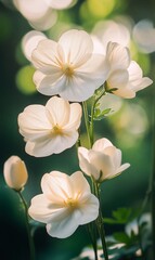 Fototapeta premium Delicate white flowers bathed in sunlight, garden setting, blurred bokeh background