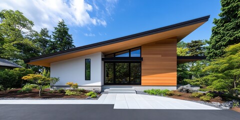 Fototapeta premium Beige horizontal siding with thin parallel lines, complemented by a bamboo-lined roof and minimalistic landscaping for a calming, zen aesthetic.