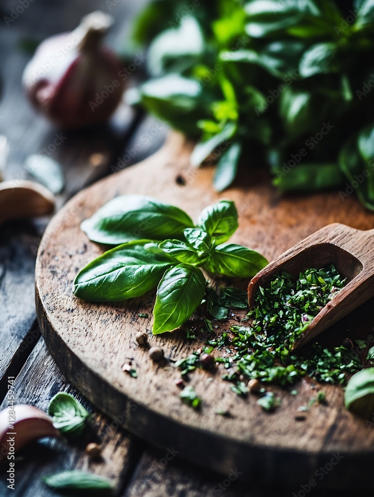 Poster fresh basil leaves and garlic arranged on a rustic wooden table ideal for culinary photography : gen