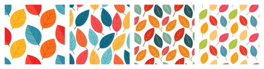 Obraz premium Seamless patterns featuring colorful and vibrant autumn leaves in various arrangements, perfect for seasonal decorations, graphic design, and creative projects emphasizing fall hues and natural themes