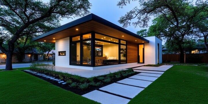 Subdued Modern. White siding with parallel lines and slight texture, paired with a flat rubber roof, creating a low-maintenance, modern look with clean lines.