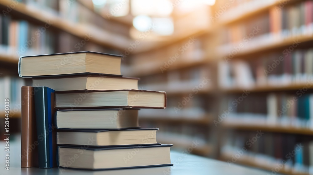 Poster stack of books captured in a bright library showcasing knowledge and education in a serene environme