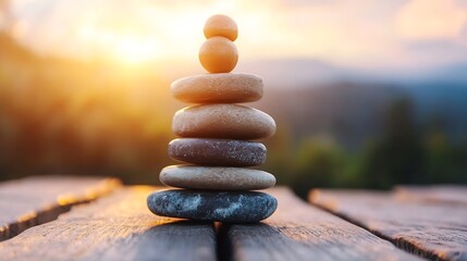 Obraz premium Stacked stones balancing perfectly at sunset symbolizing tranquility and mindfulness in a serene outdoor setting : Generative AI