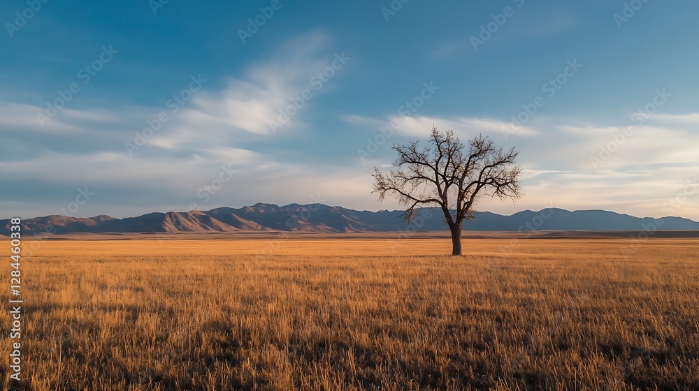 Poster Stark silhouette of a leafless tree standing alone in a vast golden field against a mountain backdrop : Generative AI