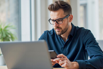 Bearded Man in Glasses Engaged with Laptop Screen