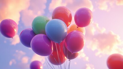A vibrant cluster of multicolored balloons floats gracefully against a dreamy pastel sky.