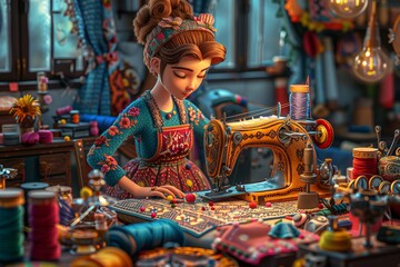 Obraz premium A creative seamstress sewing in a vibrant, cluttered workshop filled with colorful threads.