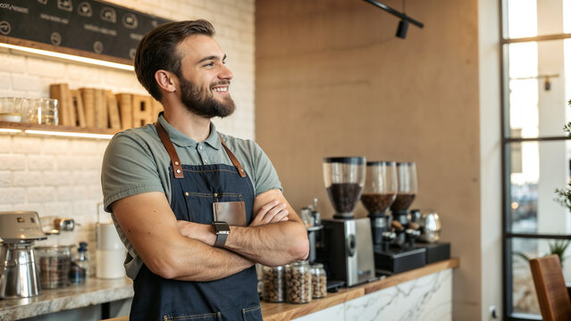Portrait of a handsome satisfied bearded young man with crossed arms and wearing apron working in a coffee shop