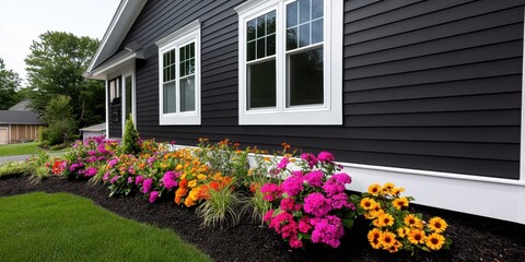 Fototapeta premium Expert installation of charcoal-gray WPC siding paired with bright white trim, offering insulation and a striking, modern aesthetic.