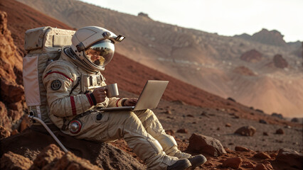 An astronaut in full gear is seated on a rocky. Mars-like surface. working on a laptop with a coffee cup in hand