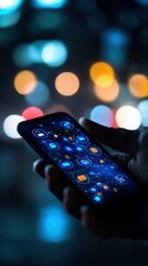 Hand Holding Smartphone Displaying Colorful Cosmic App Interface Against Night City Lights