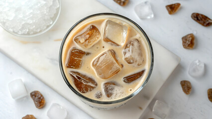 Coffee latte cappuccino with ice in glass seen from above on a transparent background. with clipping path included