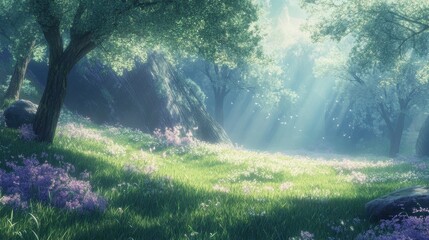 Obraz premium A serene forest scene adorned with lush greenery and vibrant wildflowers under soft sunlight.